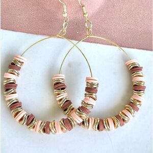 NWT Handmade Gold Wavy Disc and Heishi Bead Hoop Earrings​
